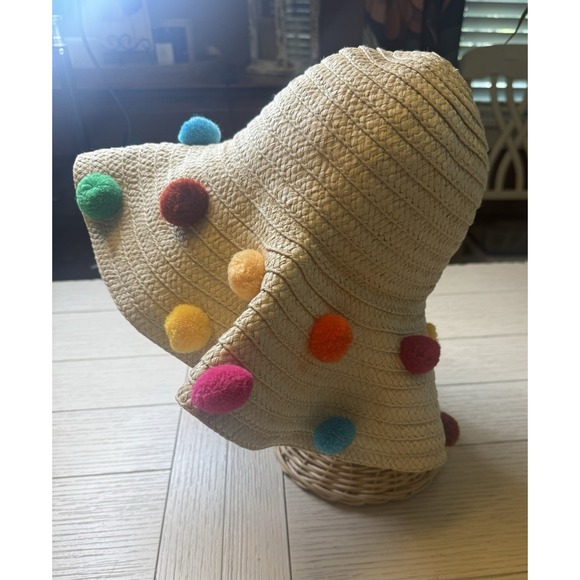 Betsey Johnson Floppy Sun Beach Hat with Multicolored Pom Pom's One Size - Picture 6 of 7